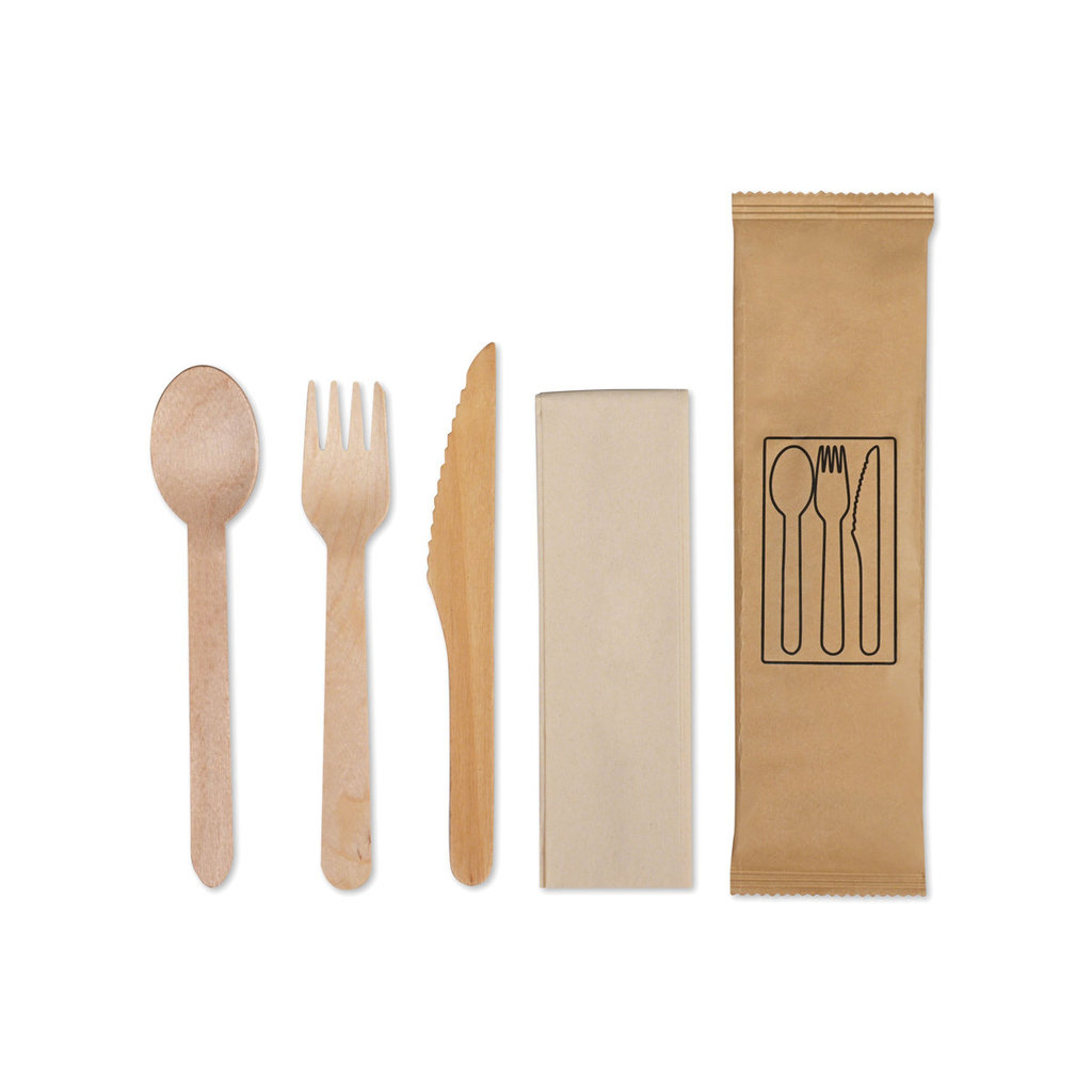 Kit couvert bois 4 en 1: couteau, fourchette, cuillère à dessert et  serviette blanche